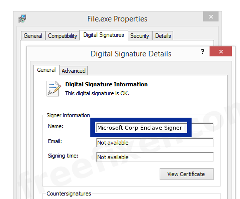 Screenshot of the Microsoft Corp Enclave Signer certificate